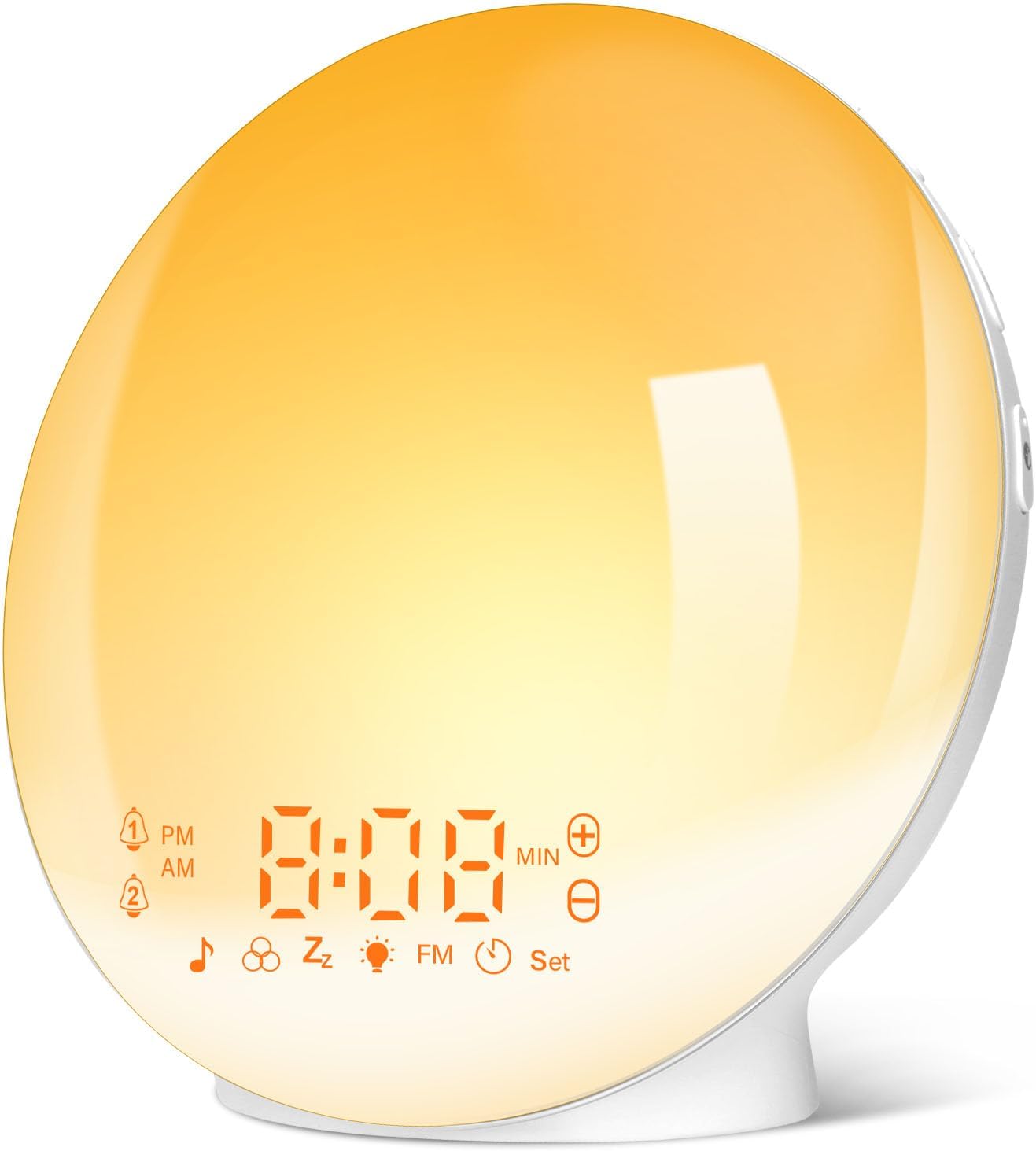 Despertador Luz, Wake up Light LED Simulación De Amanecer Y Atardece, 2 Alarmas, 20 Niveles Brillo, 7 Luces De Colores 7 Sonidos Naturales, Función Snooze, Radio FM, Infantil