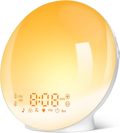 Despertador Luz, Wake up Light LED Simulación De Amanecer Y Atardece, 2 Alarmas, 20 Niveles Brillo, 7 Luces De Colores 7 Sonidos Naturales, Función Snooze, Radio FM, Infantil