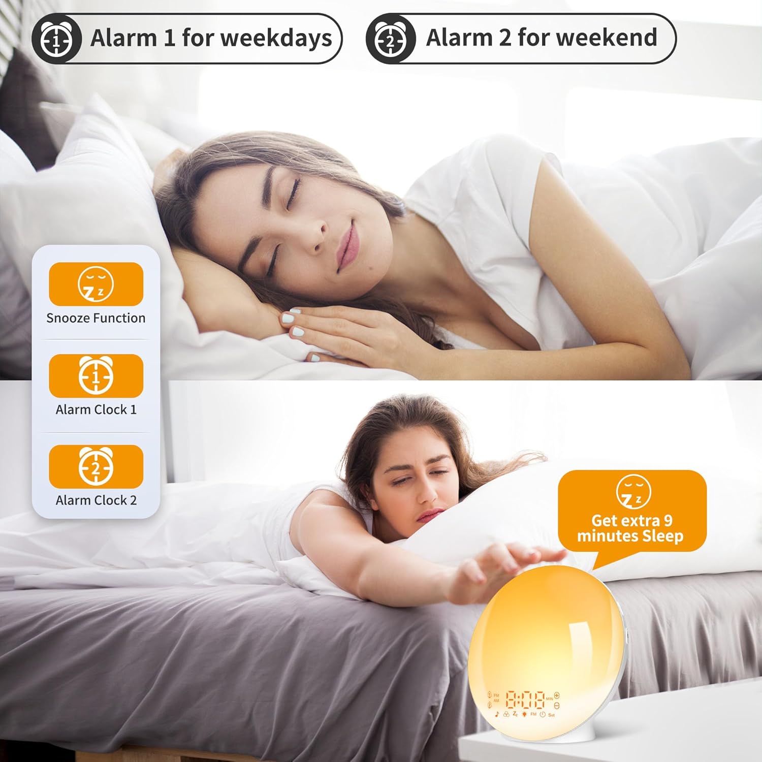 Despertador Luz, Wake up Light LED Simulación De Amanecer Y Atardece, 2 Alarmas, 20 Niveles Brillo, 7 Luces De Colores 7 Sonidos Naturales, Función Snooze, Radio FM, Infantil