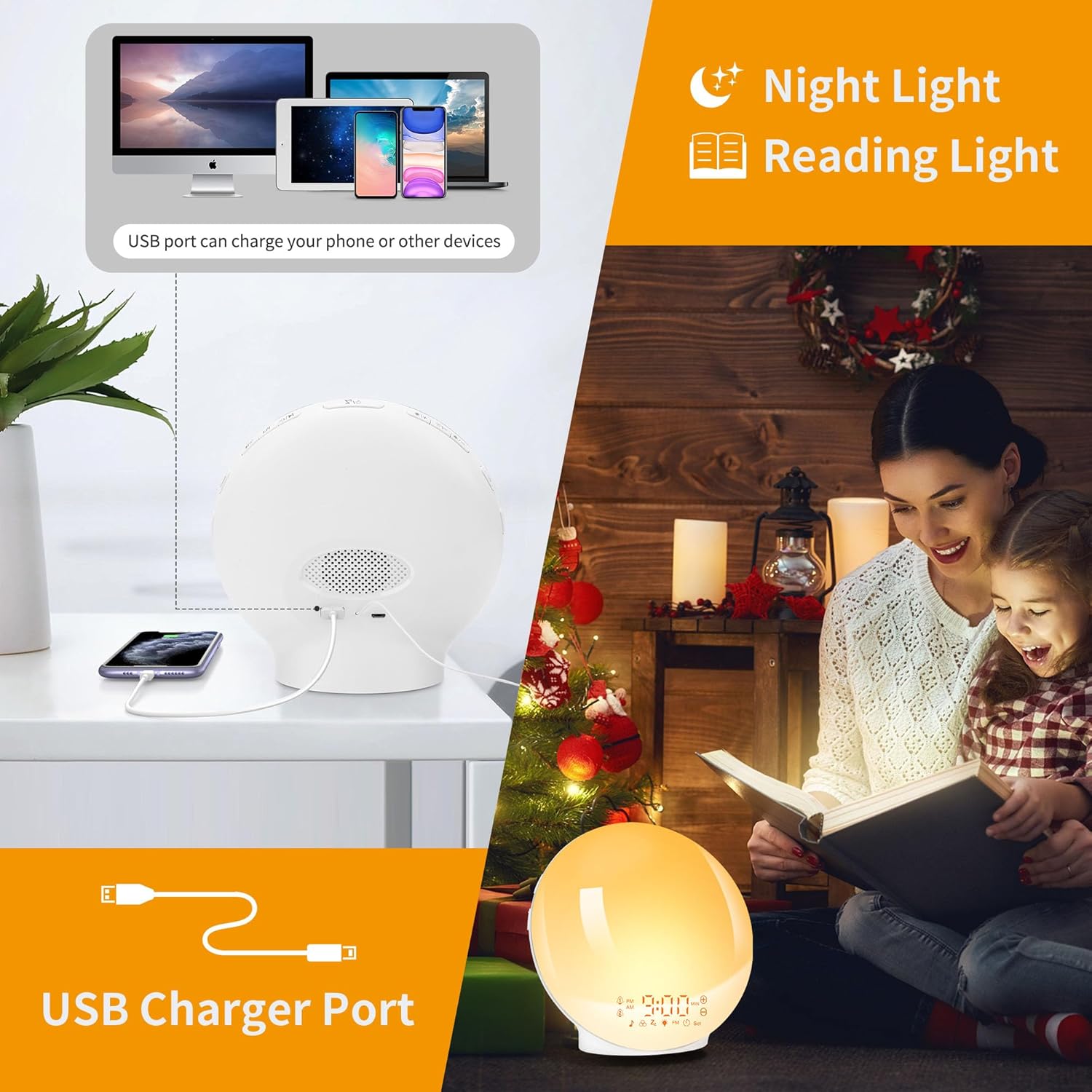 Despertador Luz, Wake up Light LED Simulación De Amanecer Y Atardece, 2 Alarmas, 20 Niveles Brillo, 7 Luces De Colores 7 Sonidos Naturales, Función Snooze, Radio FM, Infantil