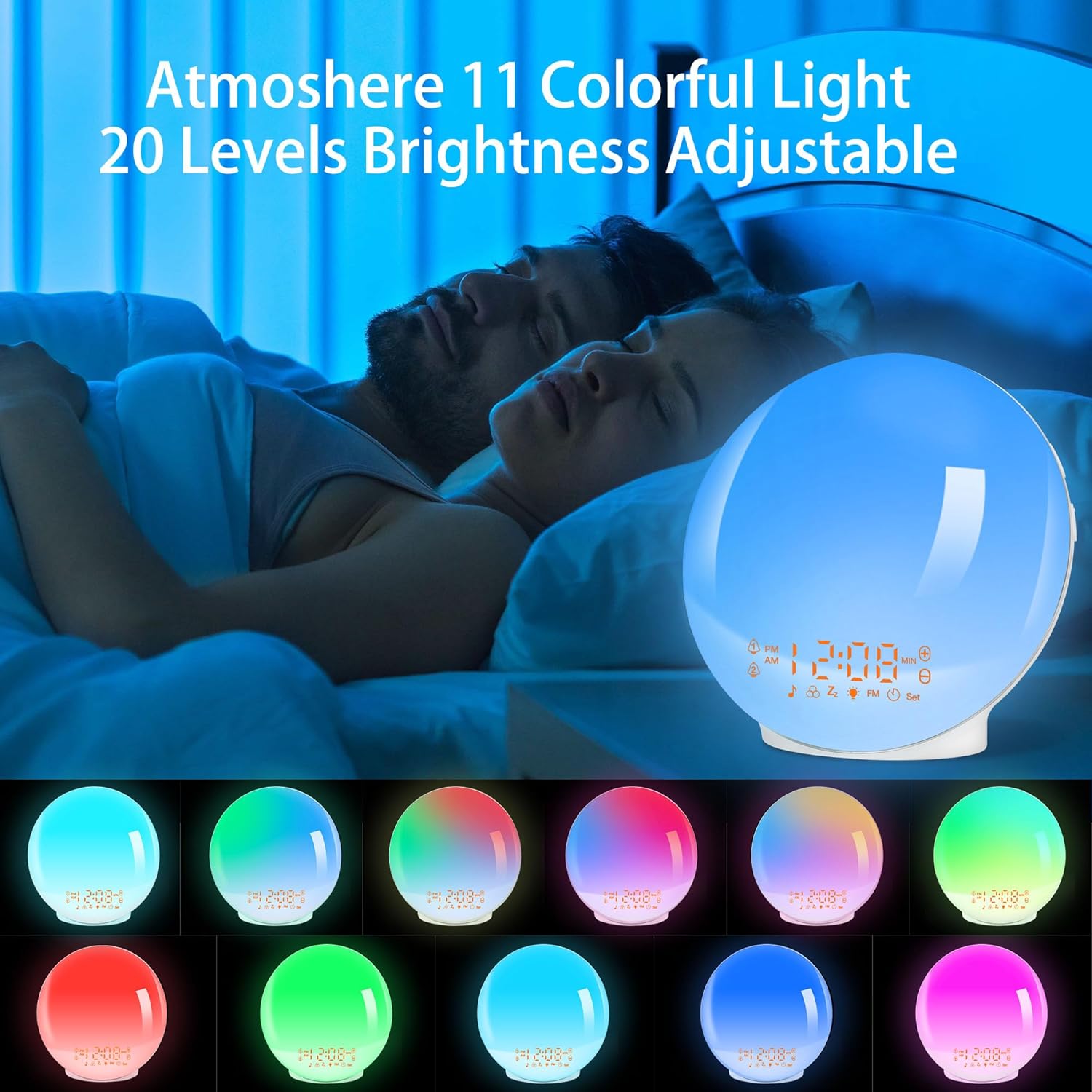 Despertador Luz, Wake up Light LED Simulación De Amanecer Y Atardece, 2 Alarmas, 20 Niveles Brillo, 7 Luces De Colores 7 Sonidos Naturales, Función Snooze, Radio FM, Infantil