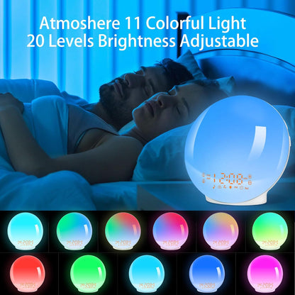 Despertador Luz, Wake up Light LED Simulación De Amanecer Y Atardece, 2 Alarmas, 20 Niveles Brillo, 7 Luces De Colores 7 Sonidos Naturales, Función Snooze, Radio FM, Infantil