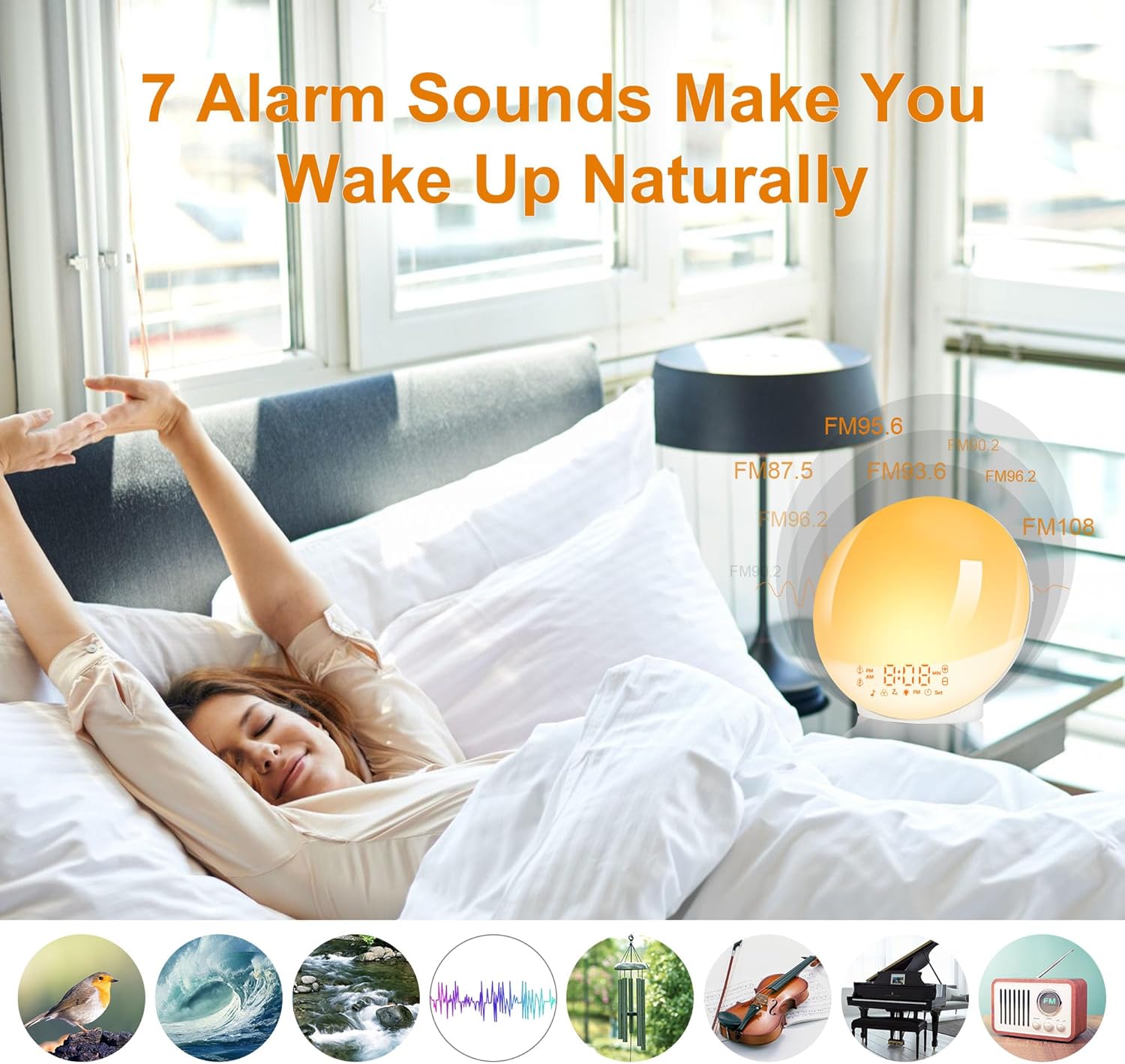 Despertador Luz, Wake up Light LED Simulación De Amanecer Y Atardece, 2 Alarmas, 20 Niveles Brillo, 7 Luces De Colores 7 Sonidos Naturales, Función Snooze, Radio FM, Infantil