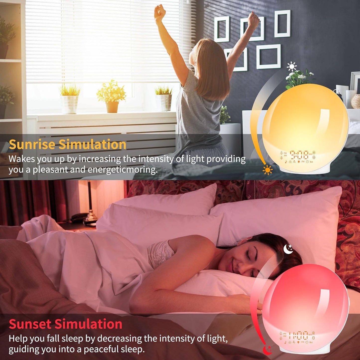 Despertador Luz, Wake up Light LED Simulación De Amanecer Y Atardece, 2 Alarmas, 20 Niveles Brillo, 7 Luces De Colores 7 Sonidos Naturales, Función Snooze, Radio FM, Infantil